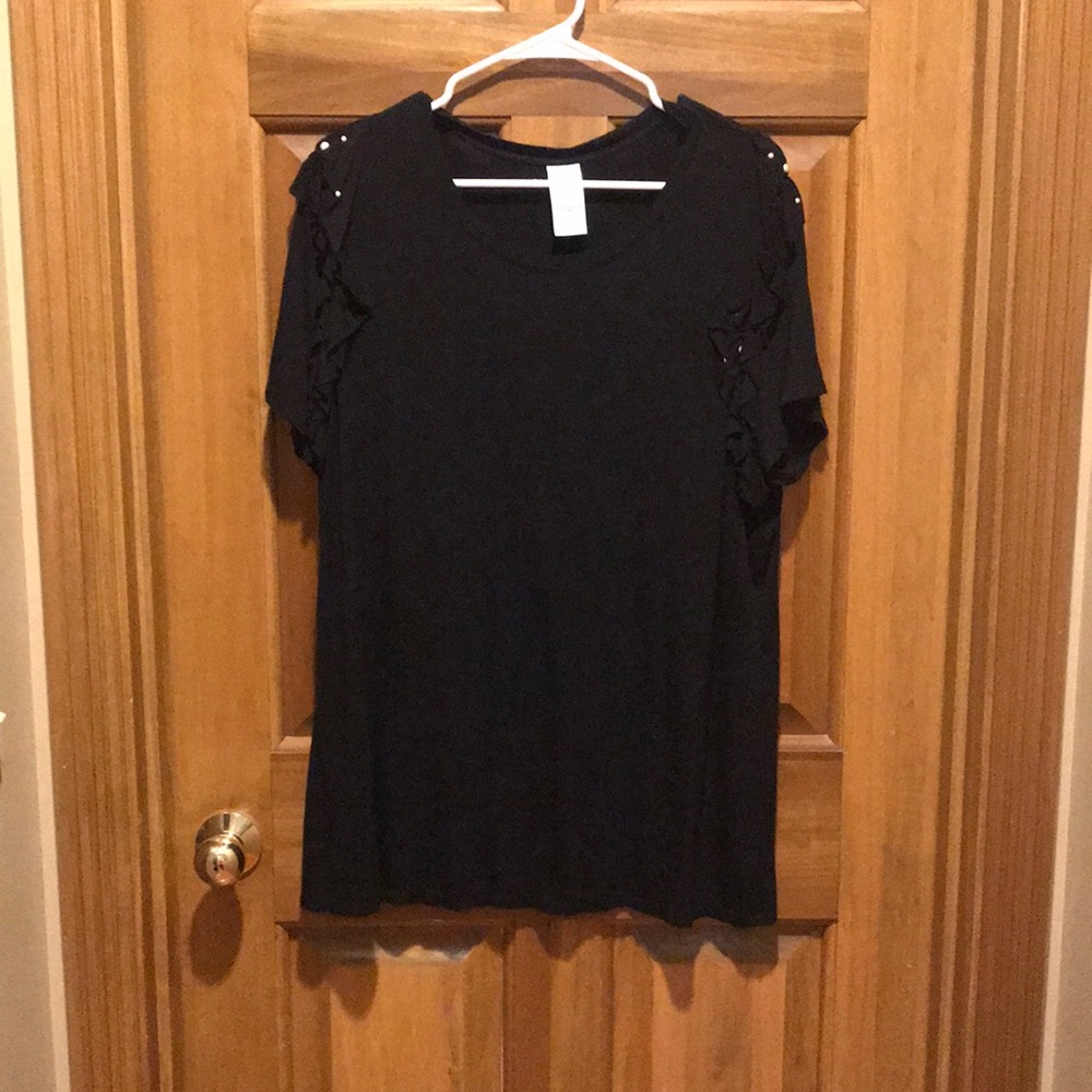 Black Ruffle & Pearl Detailed Short-sleeved Top